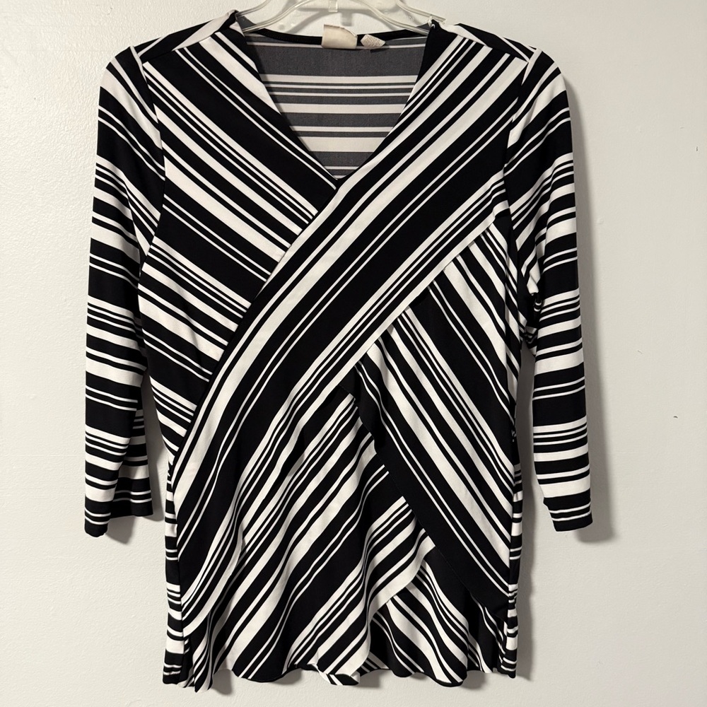 Chico's Top Women's 2 L Black White Striped Layered Crossover Pullover Blouse‎